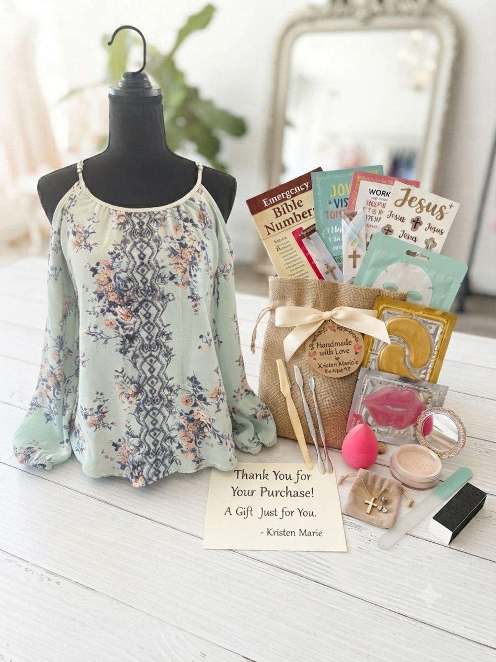 NWOT REWIND Cold-Shoulder Floral Blouse in Mint Green- XS & Beauty Gift Bag
